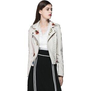 Womens Floral Embroidered Faux Leather PU Moto Beige Jacket Stylish Biker Coat